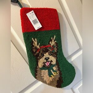 Dillards Hook Rug Christmas Green Holiday Stocking w/ Dog in Antlers Design NWT